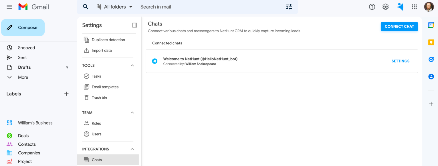 Telegram bot in NetHunt CRM Telegram bot in NetHunt CRM