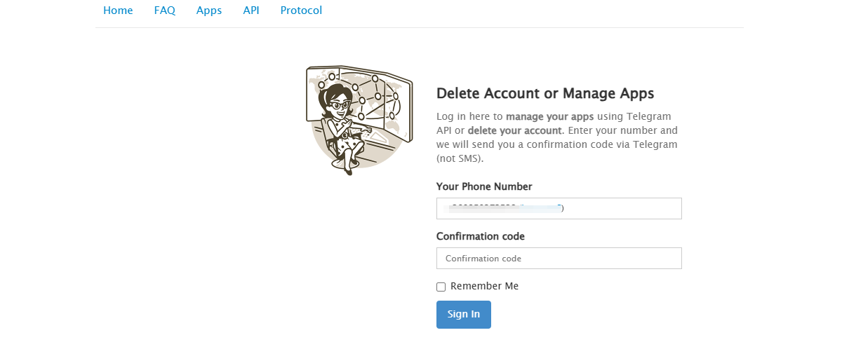 Авторизация на странице удаления аккаунта в Телеграм