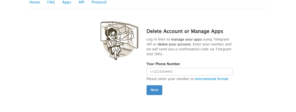Страница деактивации аккаунта Telegram