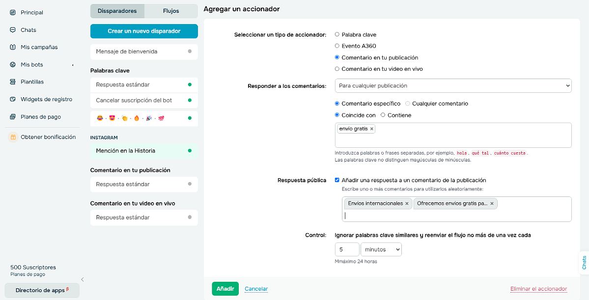 La configuración comentarios automáticos es fácil con SendPulse