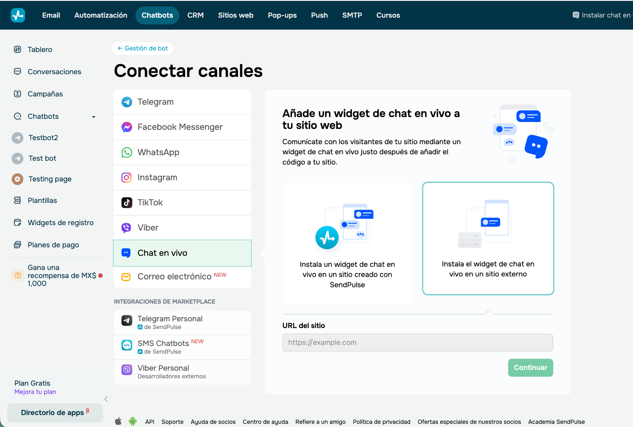 Sección para conectra canales al chatbot de SendPulse