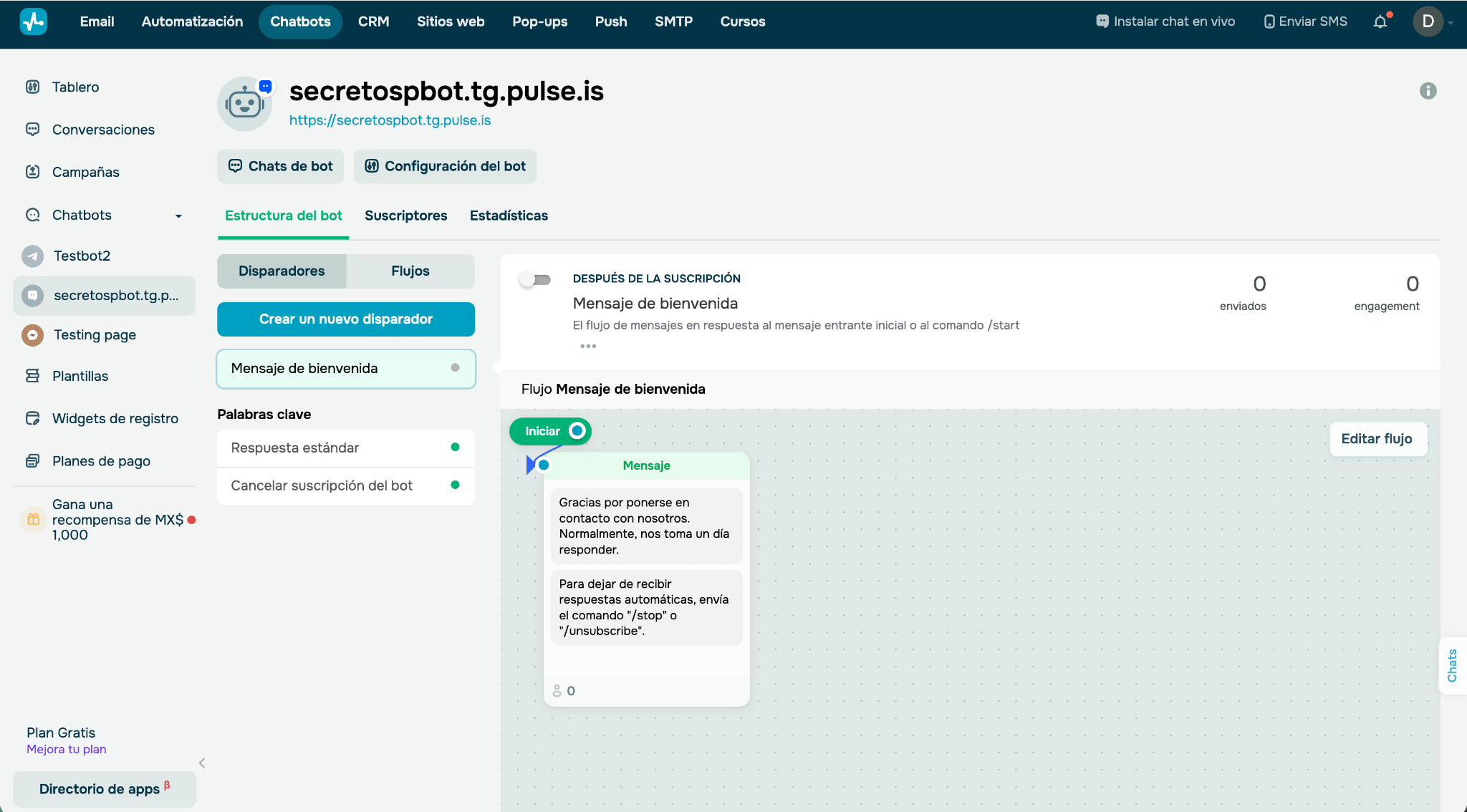 Interfaz de SendPulse
