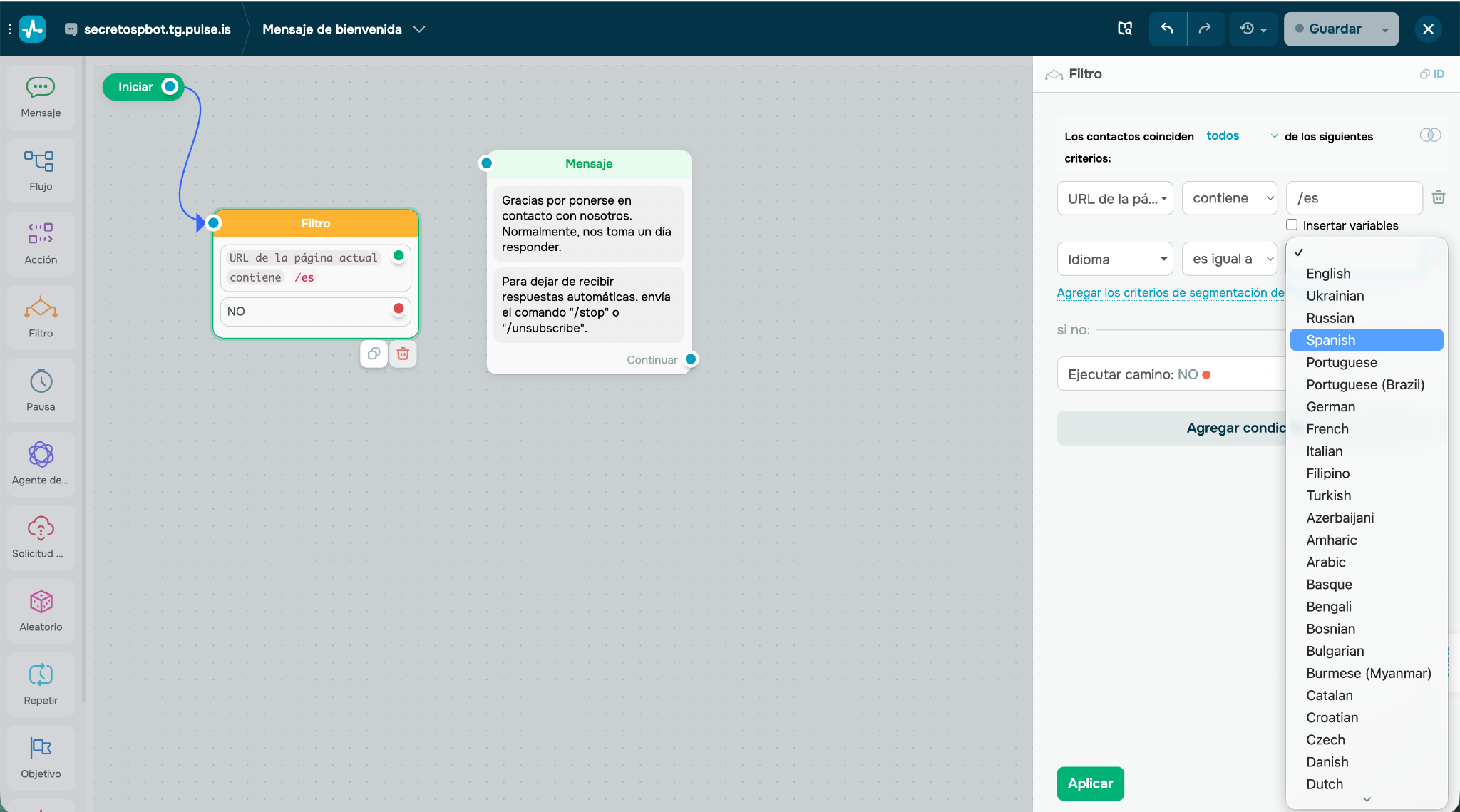 Los usuarios pueden elegir cómo reaccionará el chatbot, según acciones del cliente