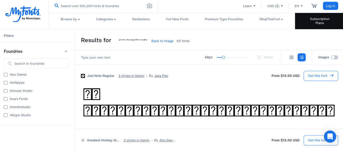 Неудачные результаты распознавания WhatTheFont