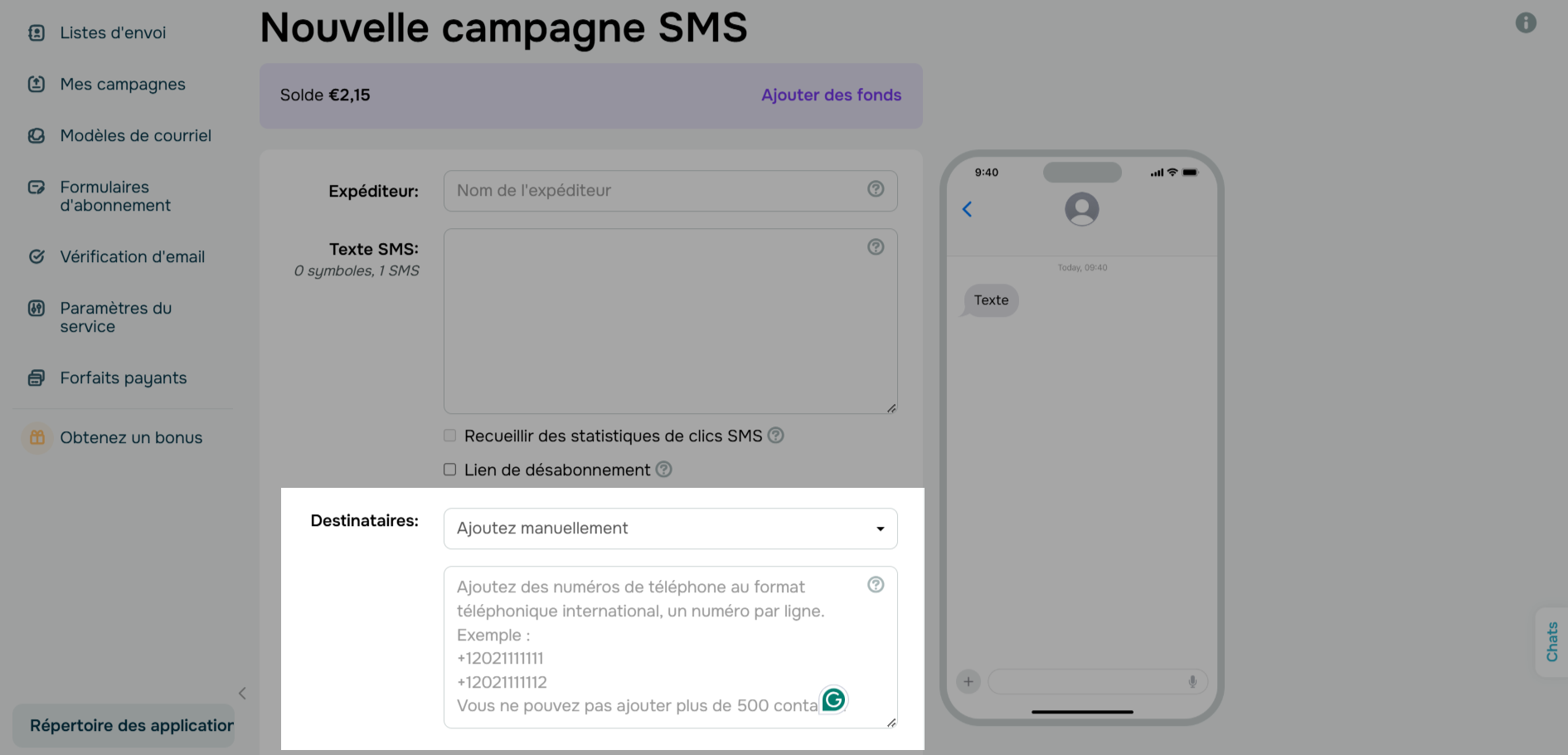 Indiquez les destinataires de votre campagne SMS en masse
