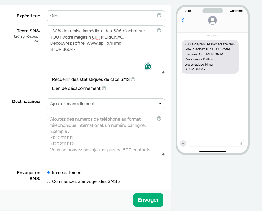 Prévisualisation d'une campagne SMS en masse