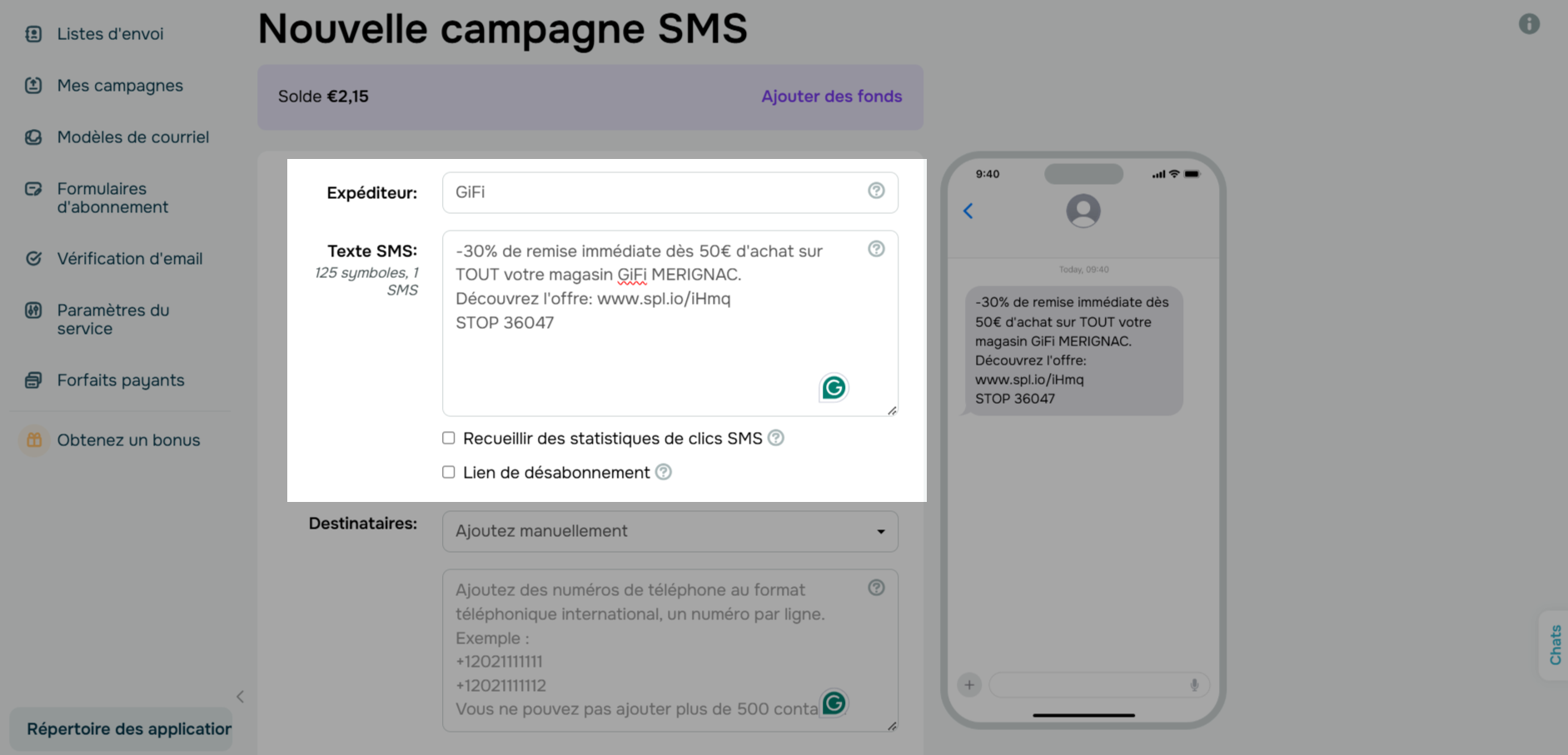Saisie du nom de l'expéditeur