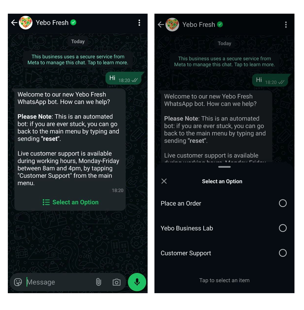 Yebo Fresh chatbot 