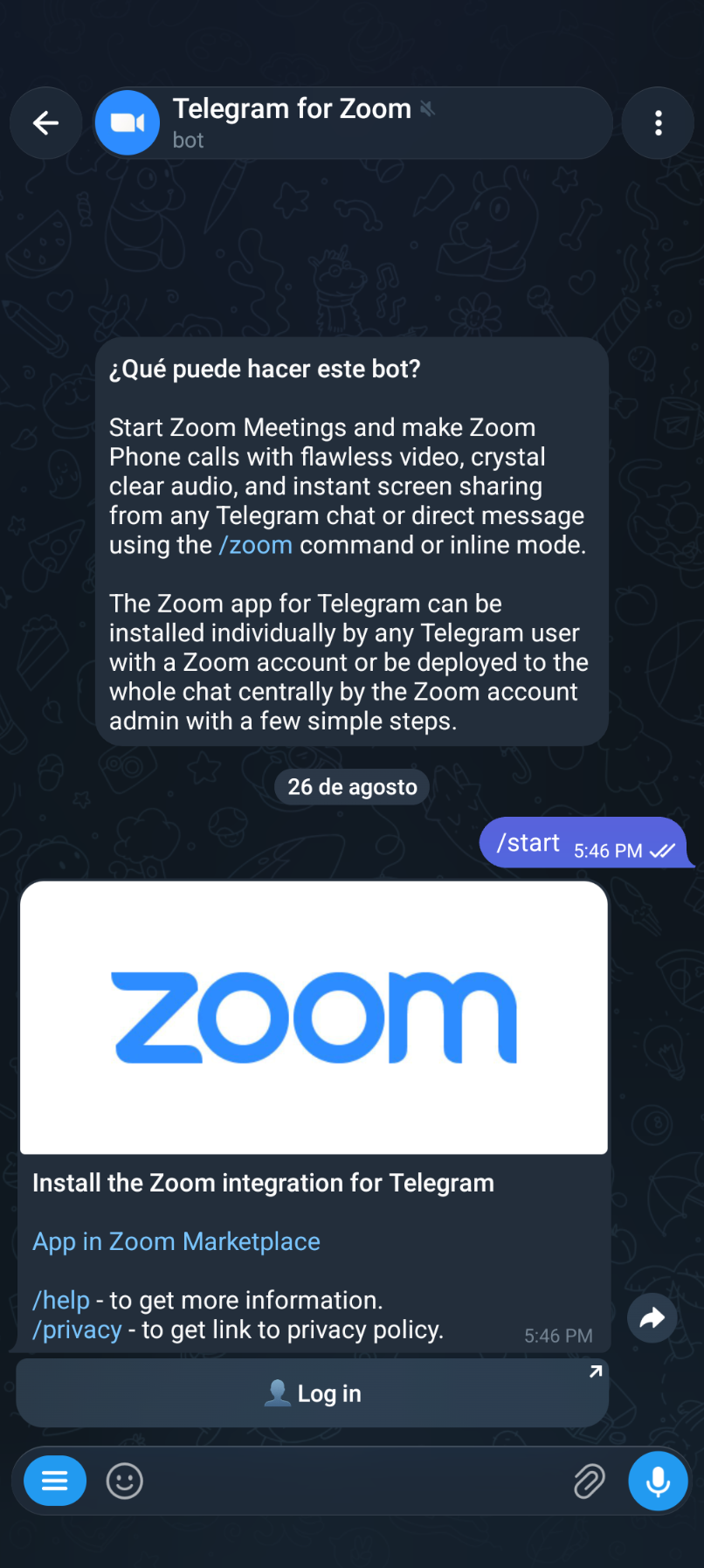 Usando el bot de zoom en Telegram