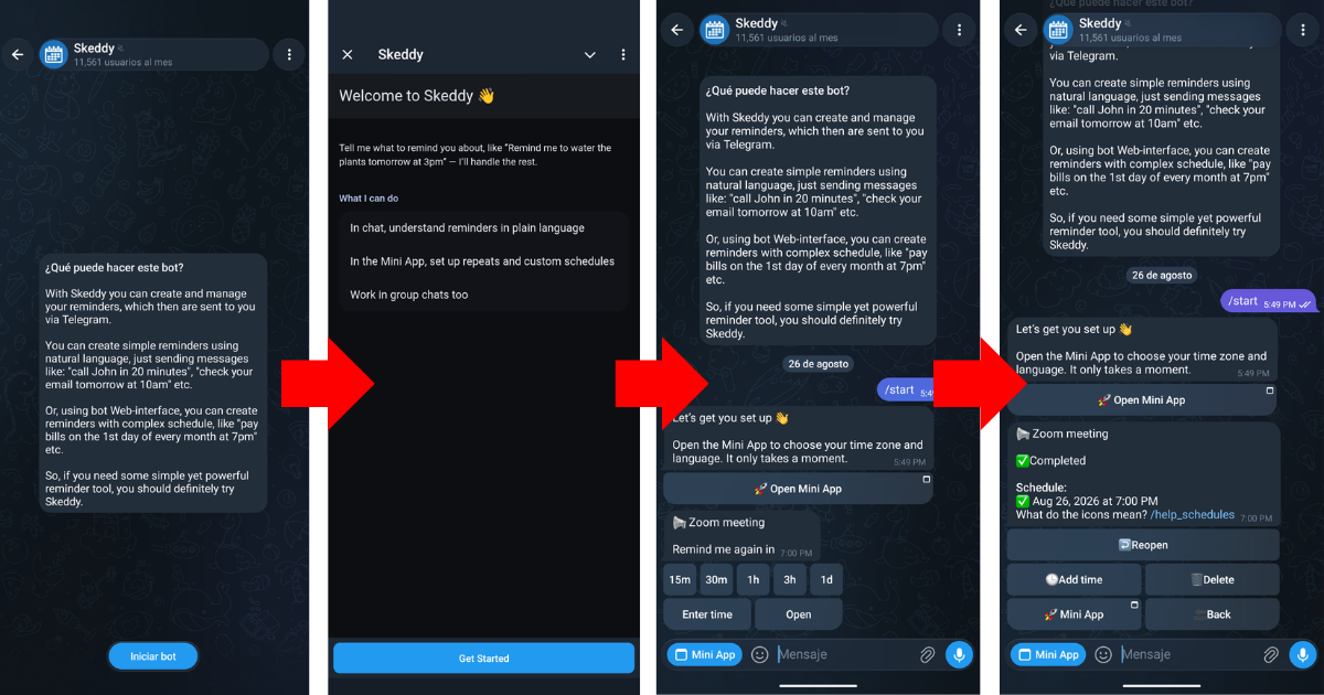 Programando un recordatorio con el bot de Skeddy en Telegram