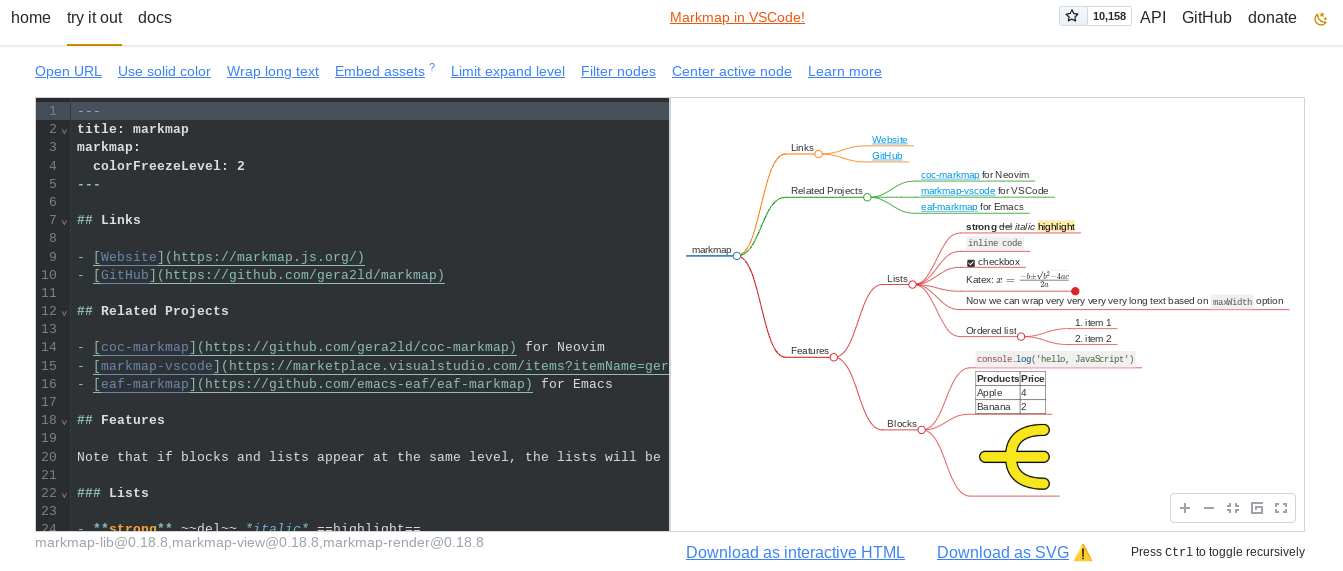 Mind Map by Markmap: слева — код, справа — сгенерированная карта Mind Map by Markmap: слева — код, справа — сгенерированная карта