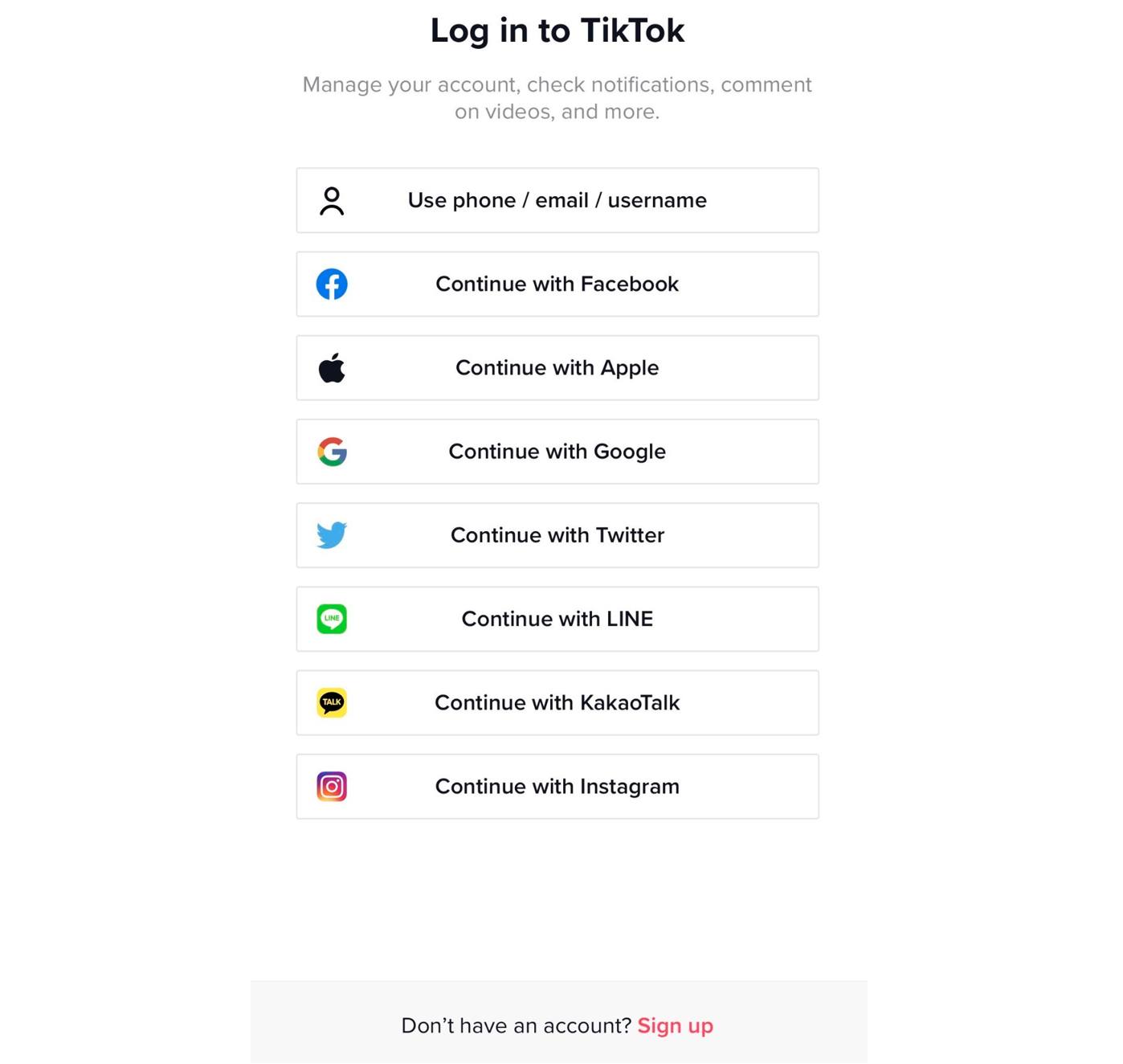Экран для входа в аккаунт TikTok Экран для входа в аккаунт TikTok