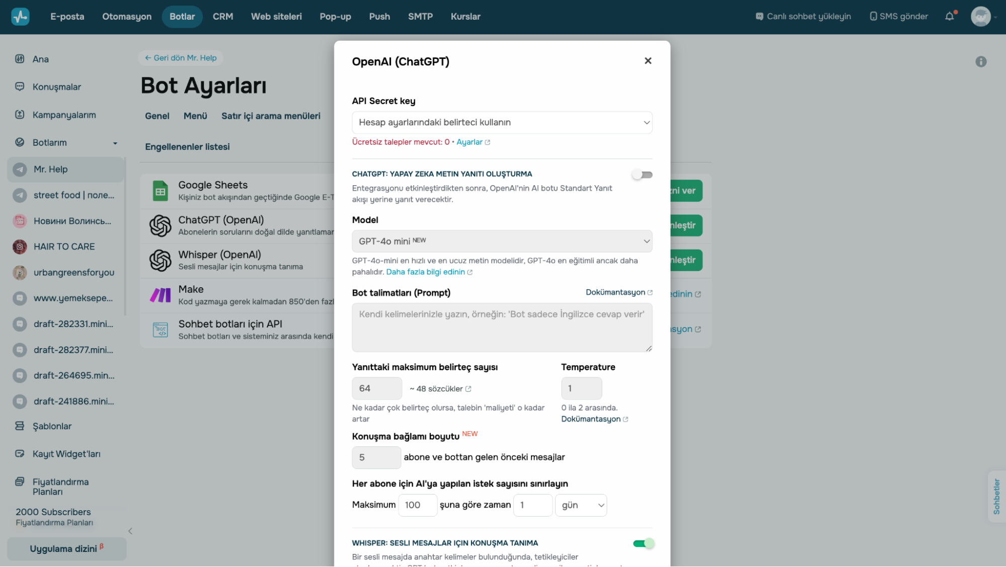 Hem sesli mesajları yazıya dökmek için Whisper'ı