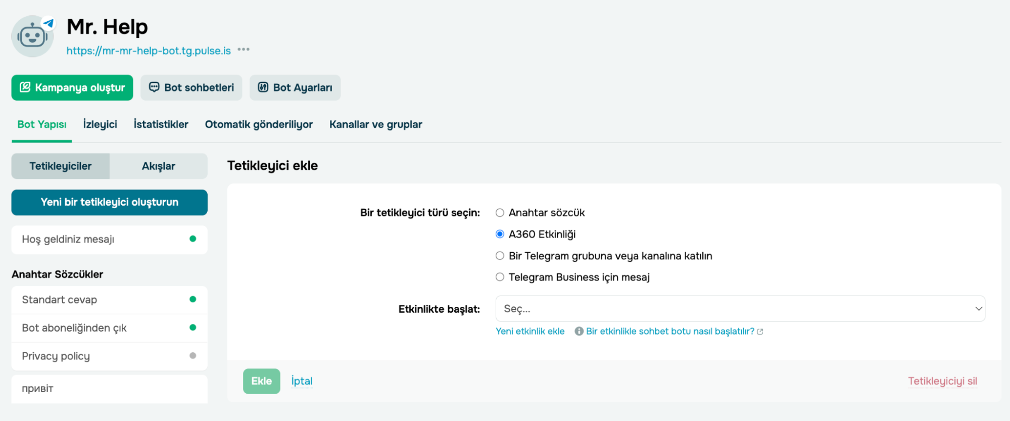 SendPulse'ta bir tetikleyici etkinliğe chatbot akışı bağlama SendPulse'ta bir tetikleyici etkinliğe chatbot akışı bağlama