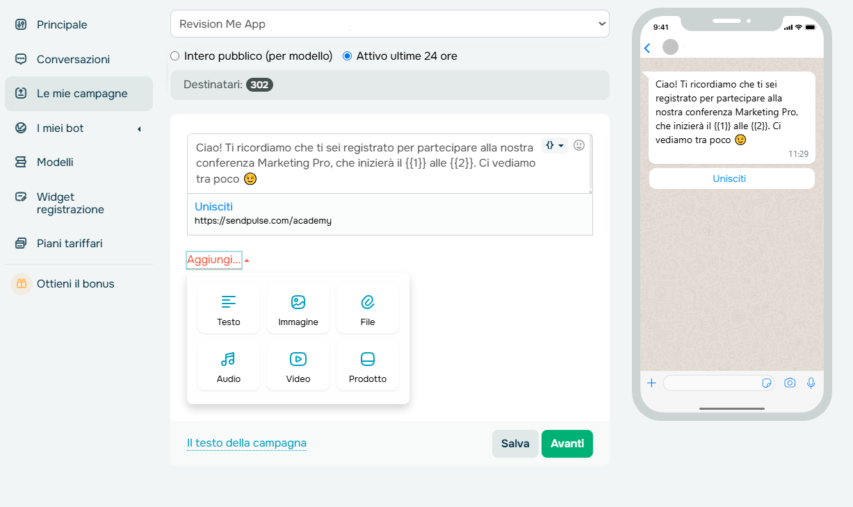 modello di promemoria WhatsApp