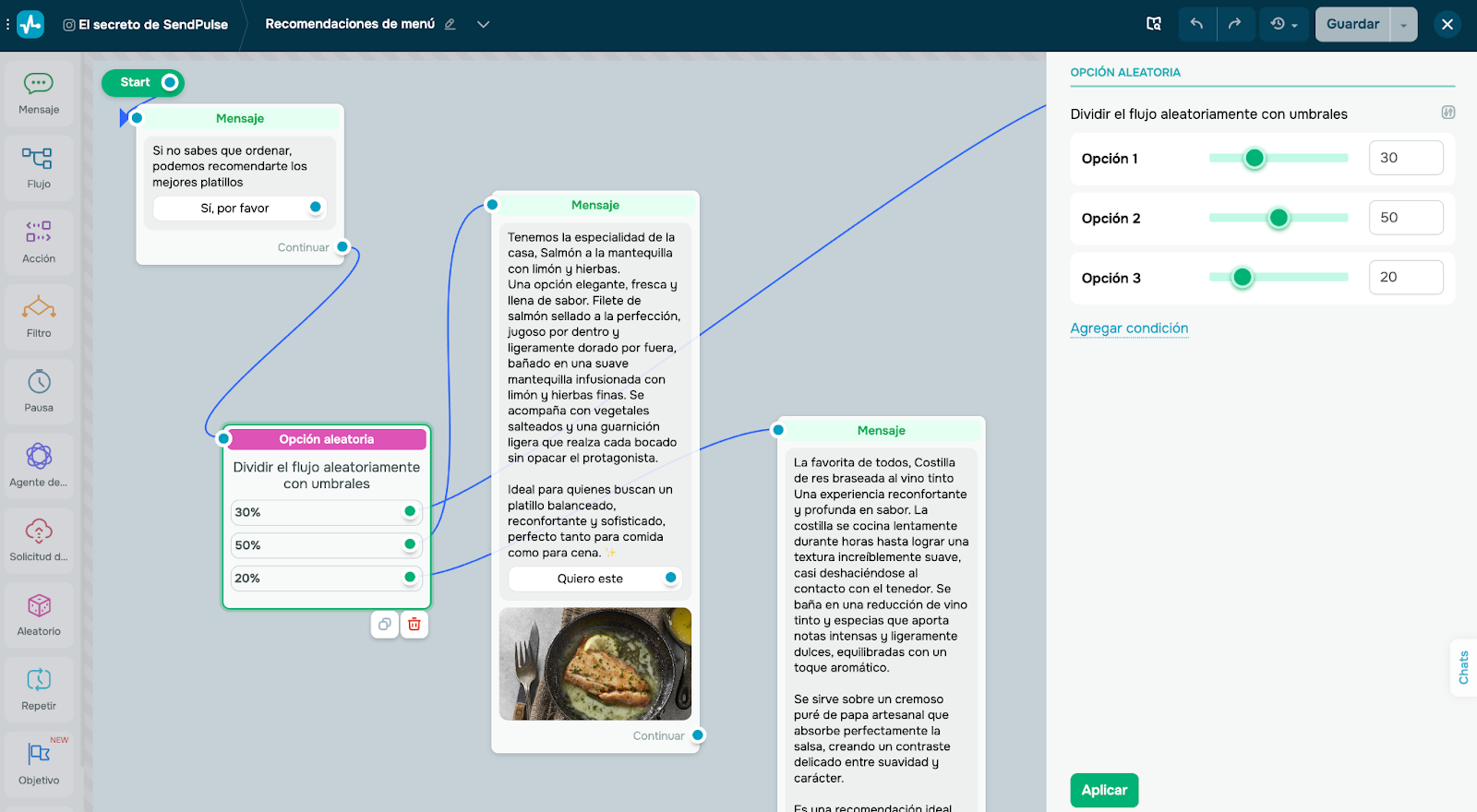SendPulse permite una gran profundidad de personalización y diseño de tu chatbot para restaurantes