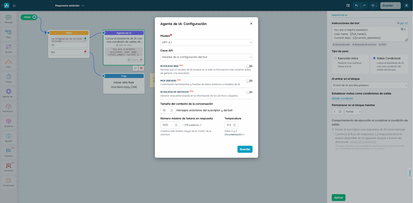 Integración de la IA para un chabot para restaurantes en el creador de SendPulse