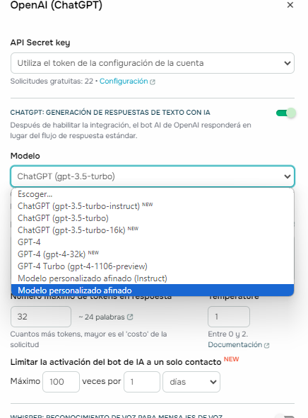 Dropdown de las opciones de modelos de IA de OpenAi para un chatbot con SendPulse