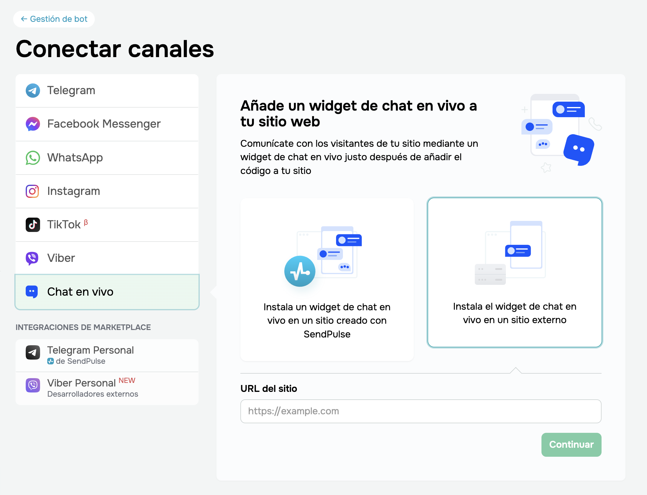 Captura de pantalla de la conexión de chatbots en la plataforma de SendPulse