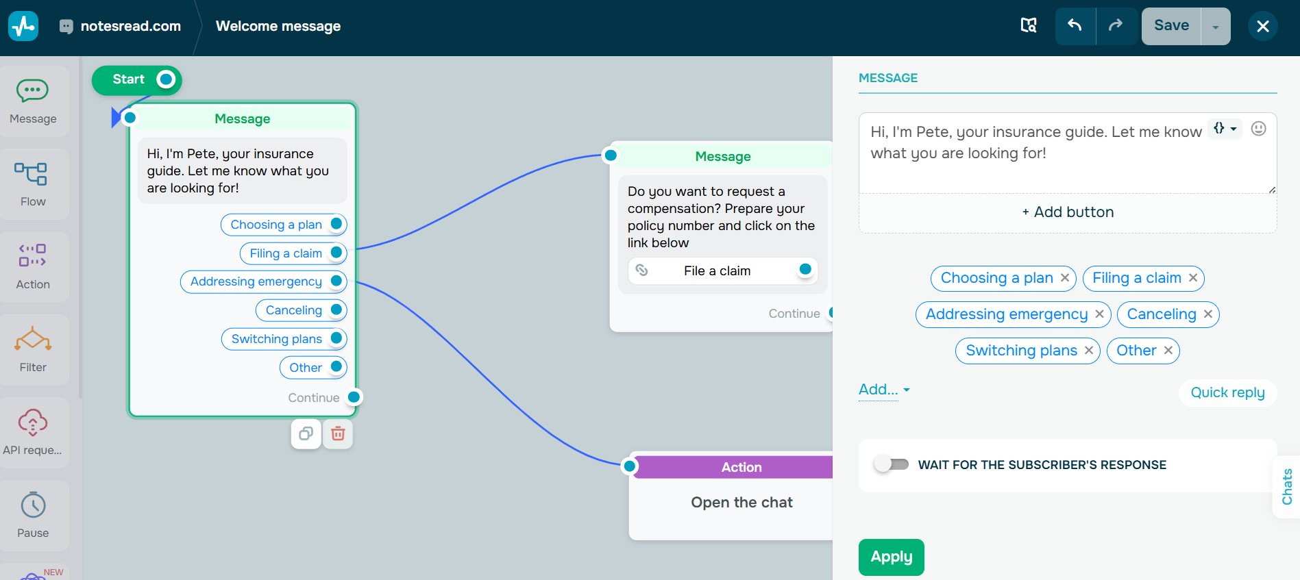 Quick replies to branch flows Quick replies to branch flows