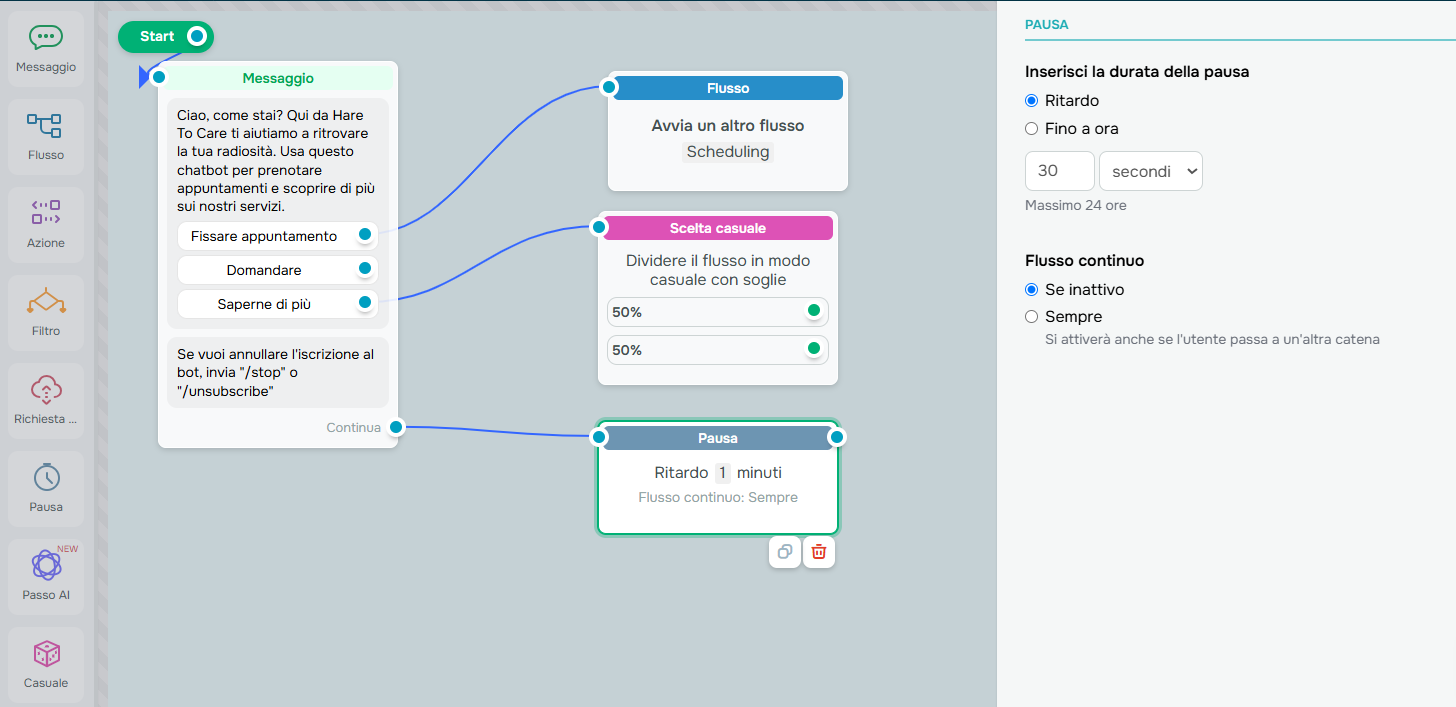 pausa in un flusso di chatbot su Messenger pausa in un flusso di chatbot su Messenger