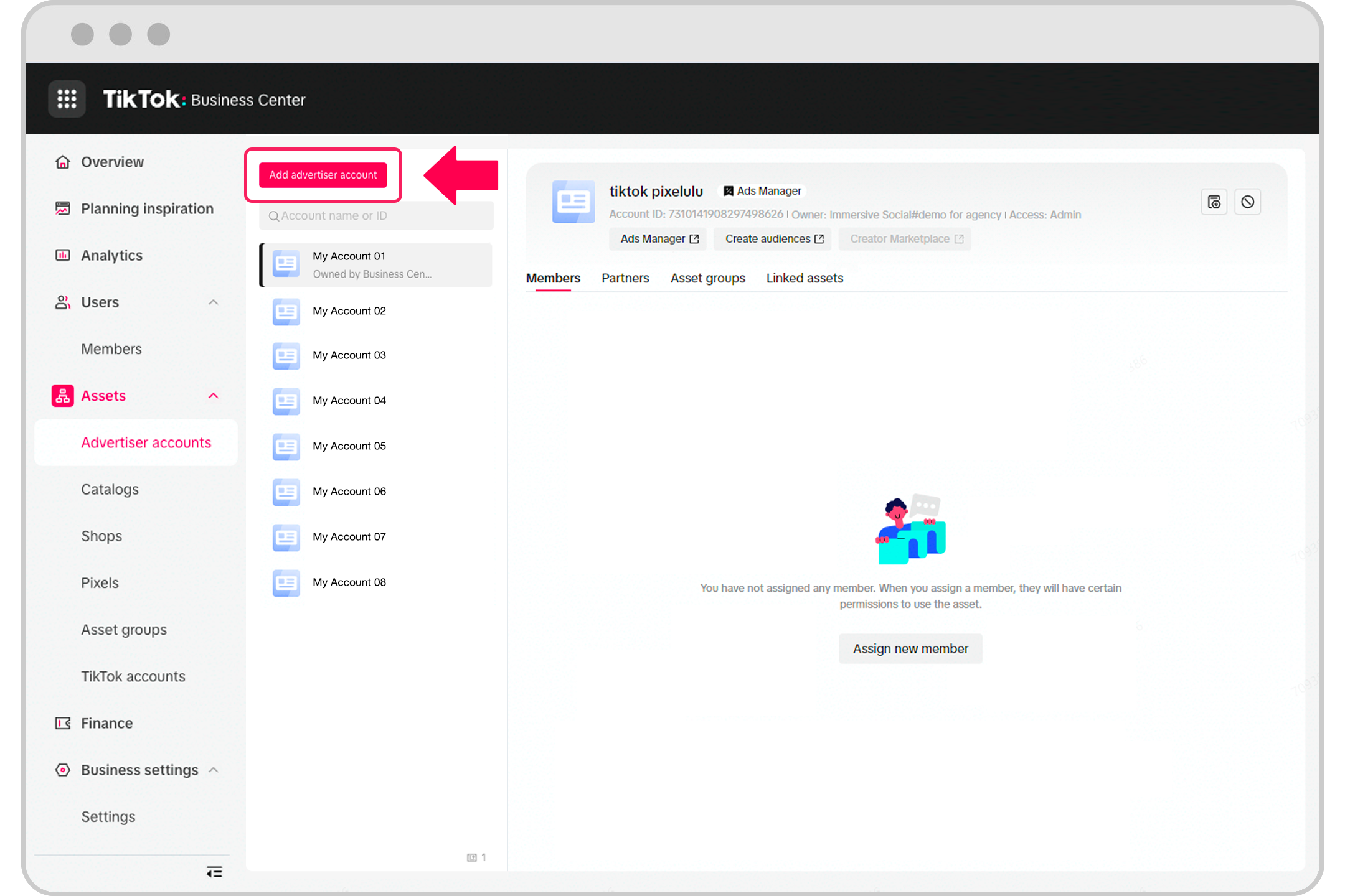 Panneau principal du compte publicitaire 