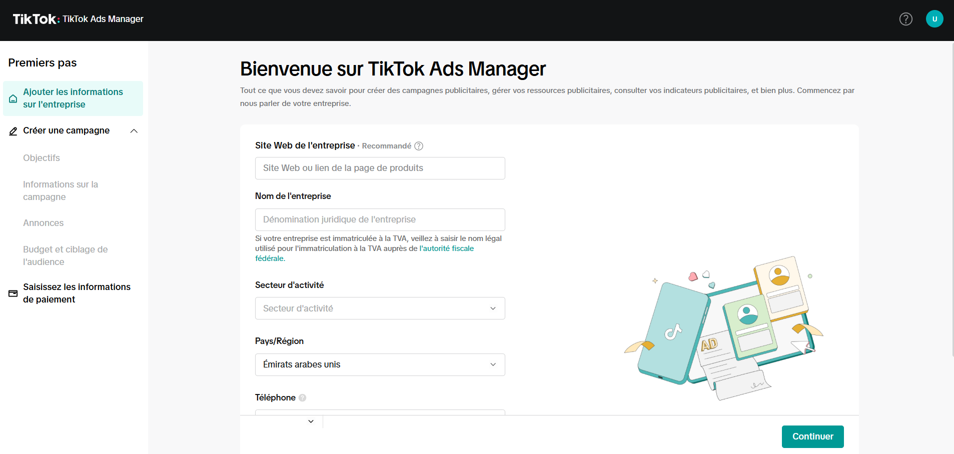 Page d'accueil de l'Ads Manager sur TikTok