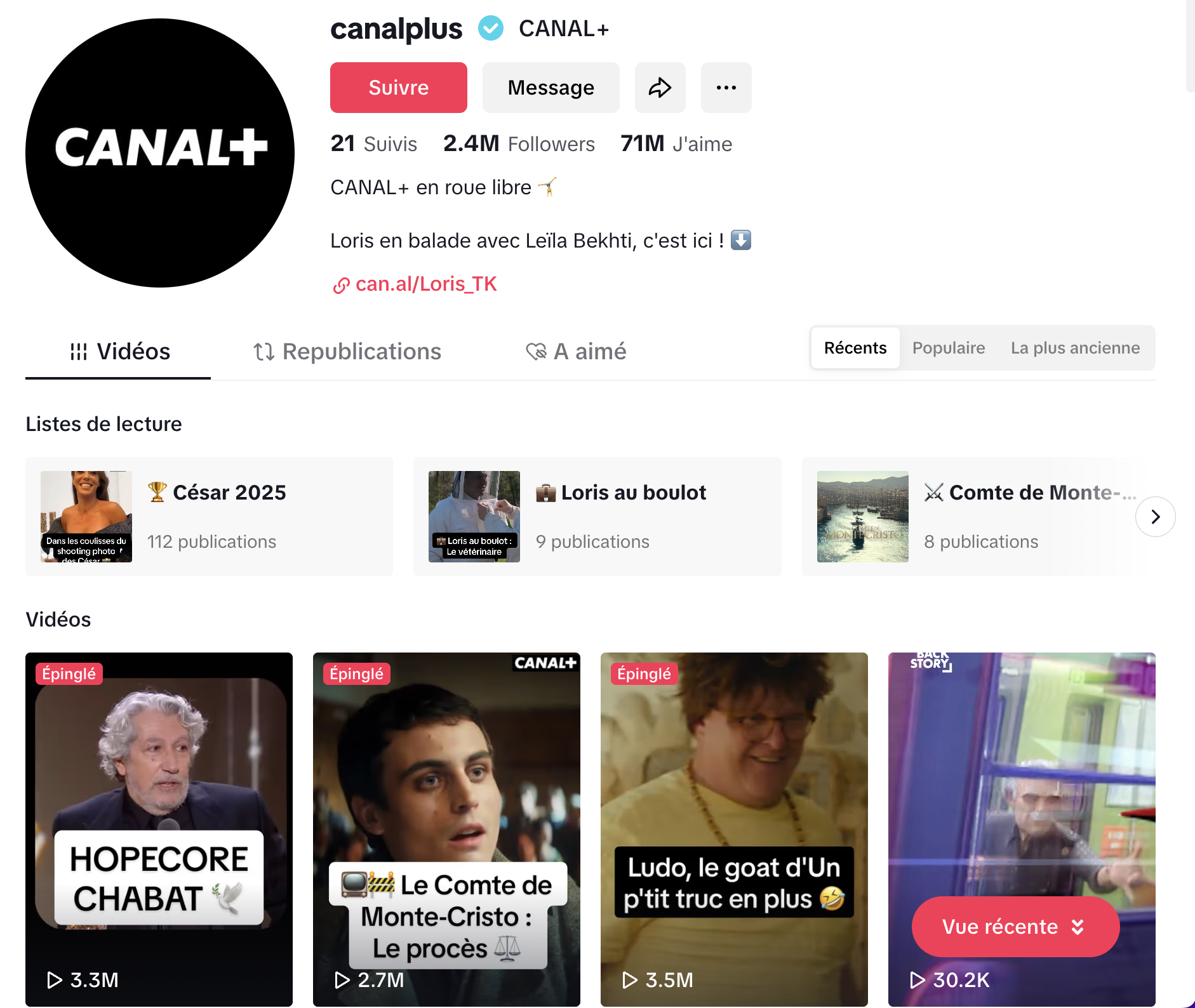 Le profil Canal+ compte 2,5 millions d'abonnés