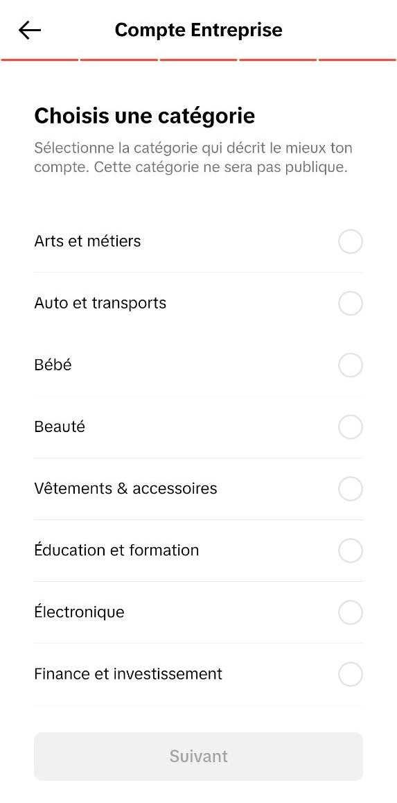 Sélection d'une catégorie d'activité