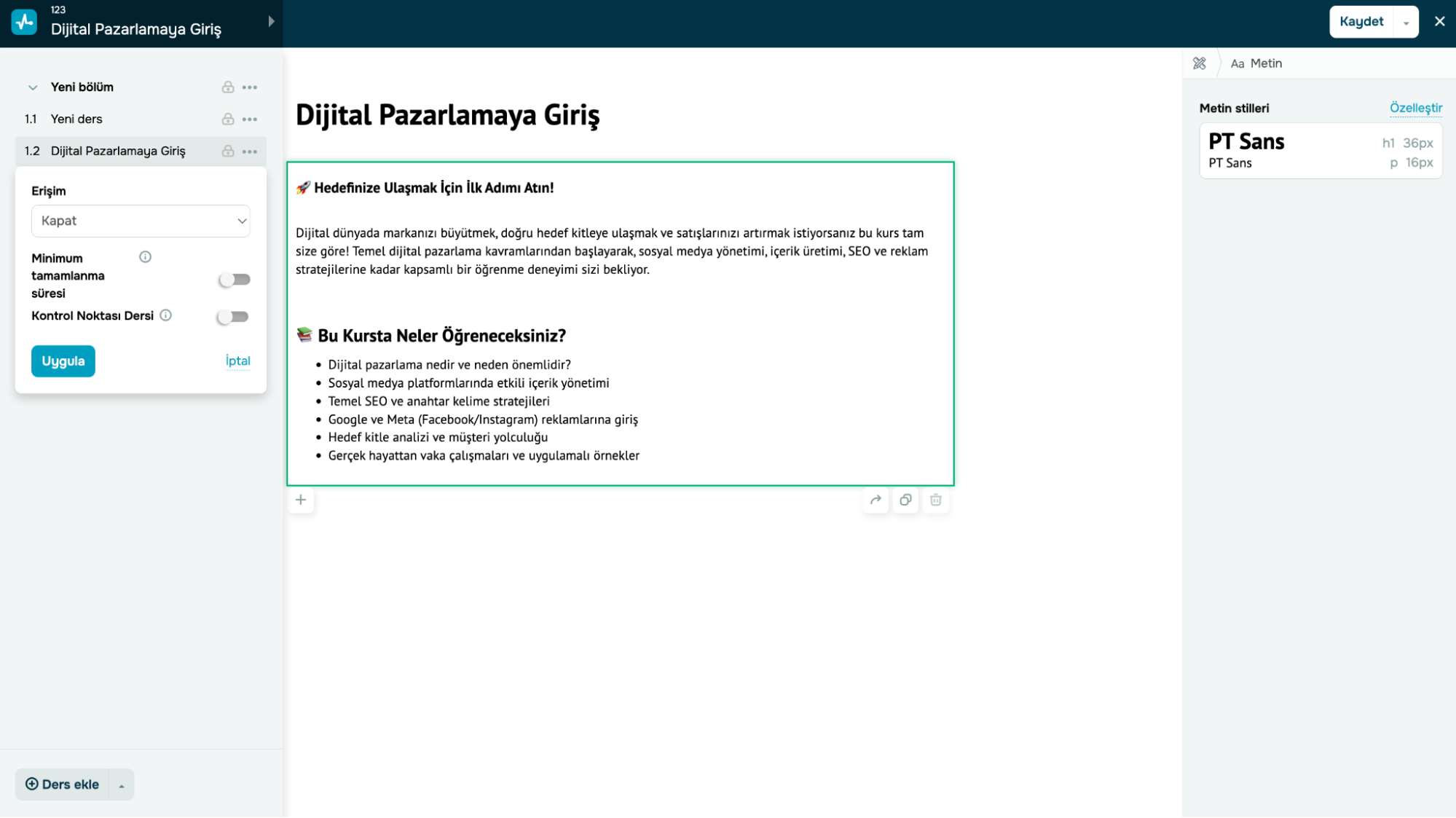 Kurs oluşturucudaki öğeler
