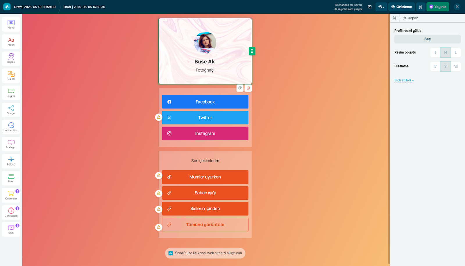 SendPulse'deki biyografi linki sayfaları için özelleştirme seçenekleri