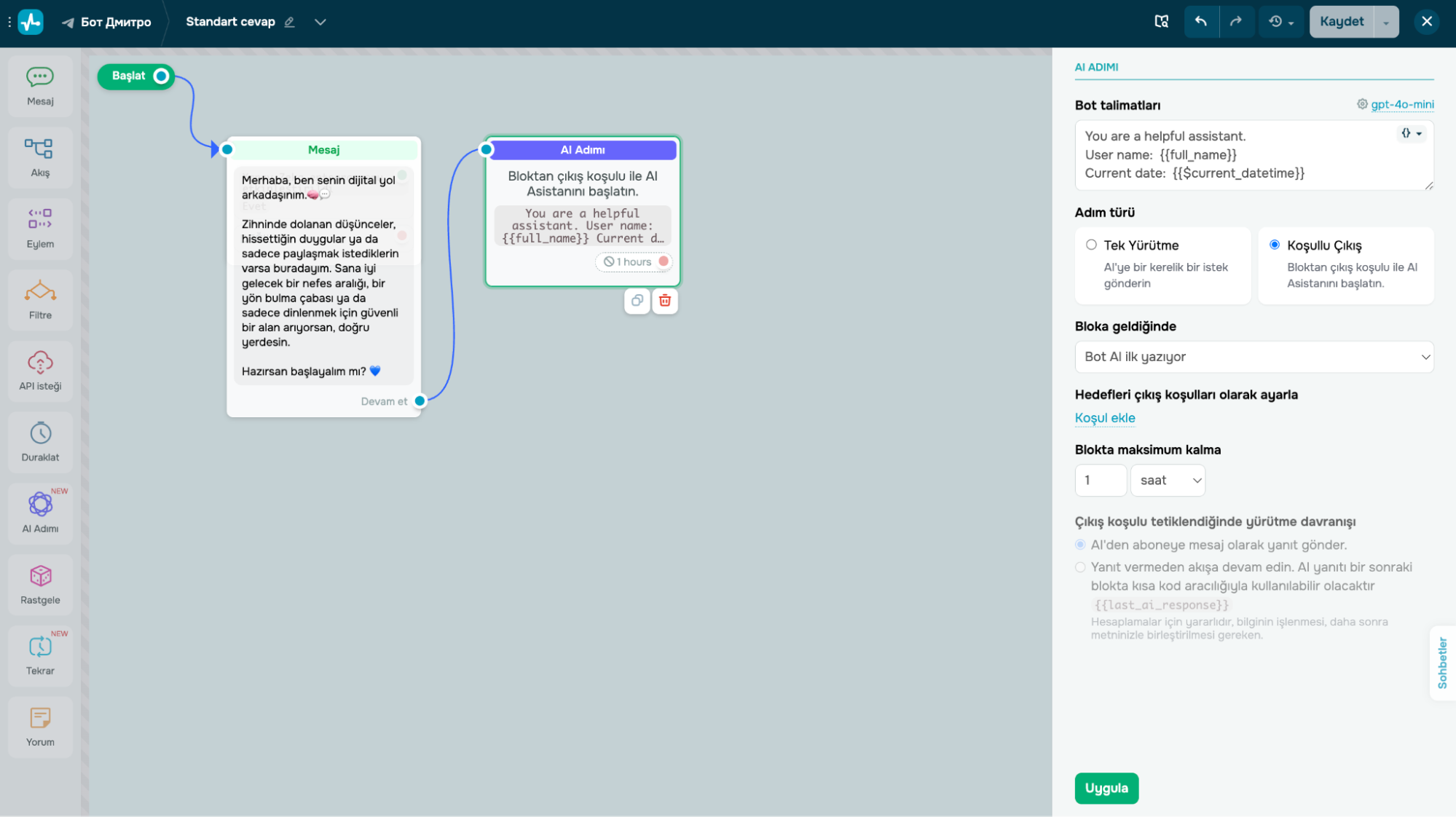 sohbet botunun yapay zeka modelini ayarlama
