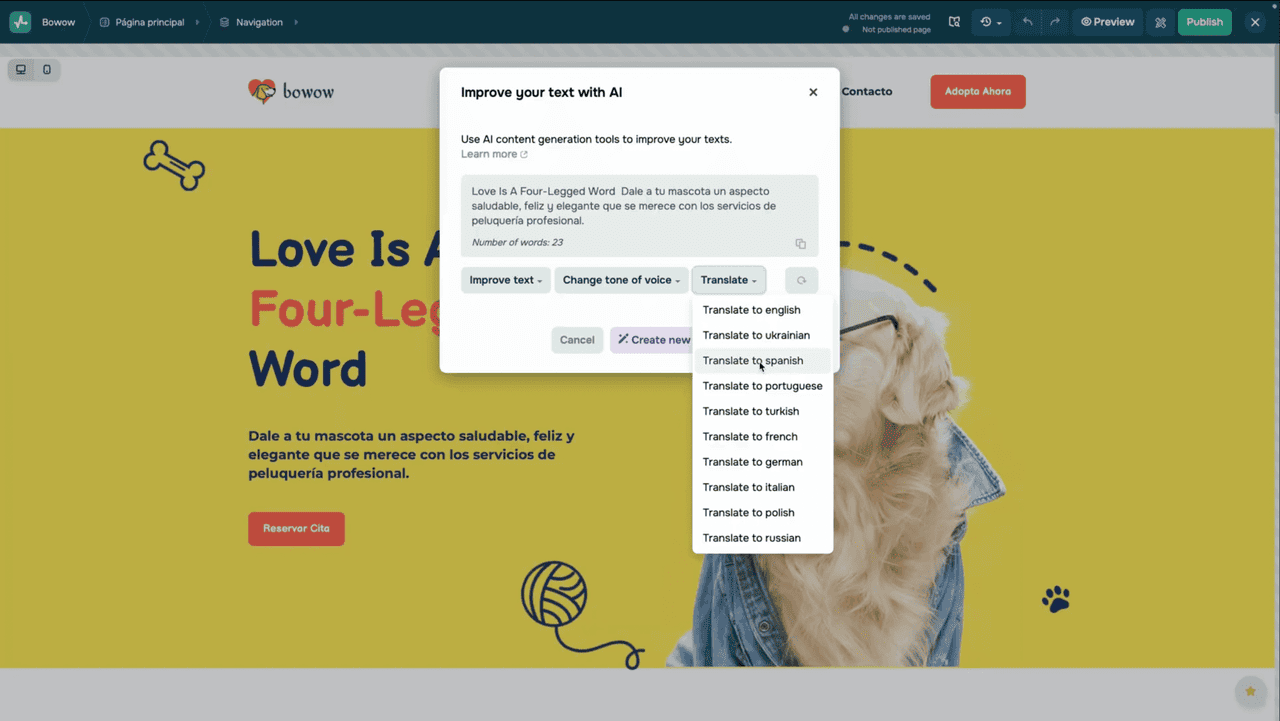 Builder text element with AI Translate dialog and target language selector