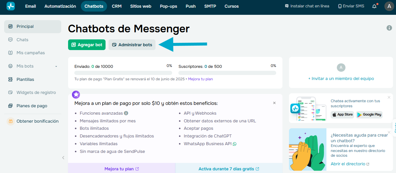 La interfaz de SendPulse es muy intuitiva para conectar chatbots a tus plataformas La interfaz de SendPulse es muy intuitiva para conectar chatbots a tus plataformas