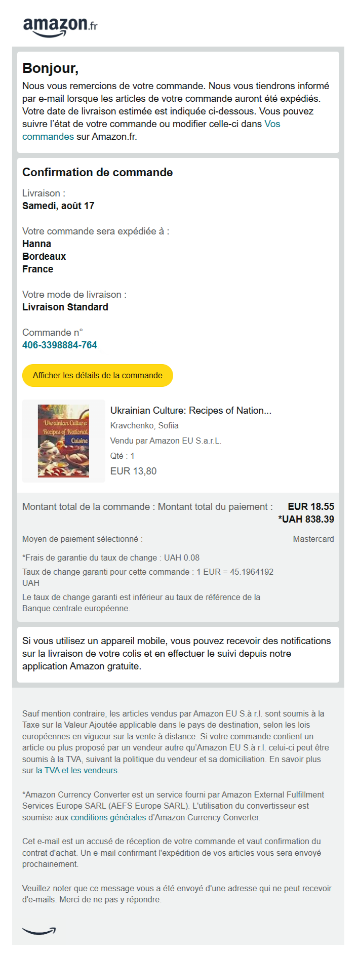 Un email post-achat d’Amazon