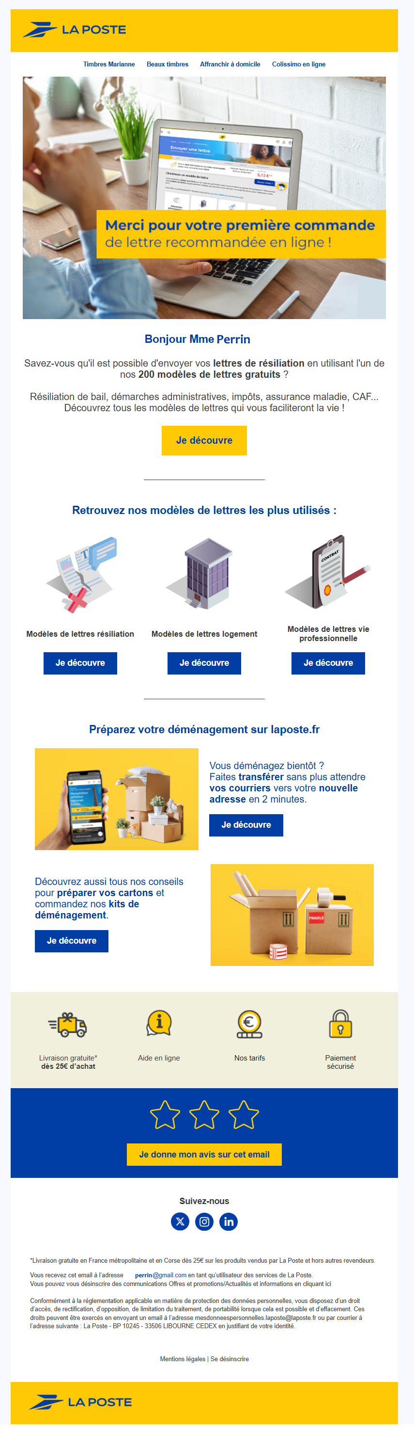 Un exemple typique d'email post-achat