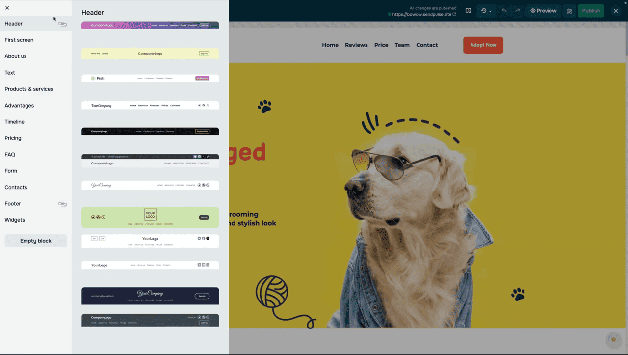 Website builder with the Header block and Menu widget added