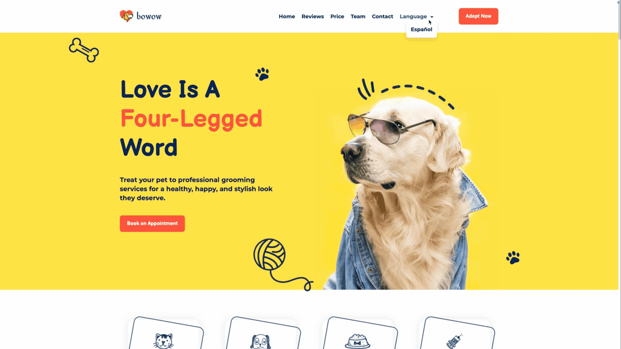 Published website showing the language dropdown menu switching between versions 