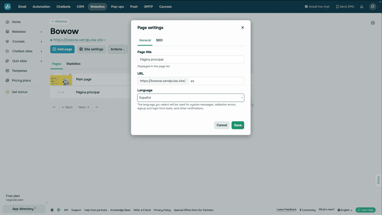 Page list with the Copy option and Language field in page settings