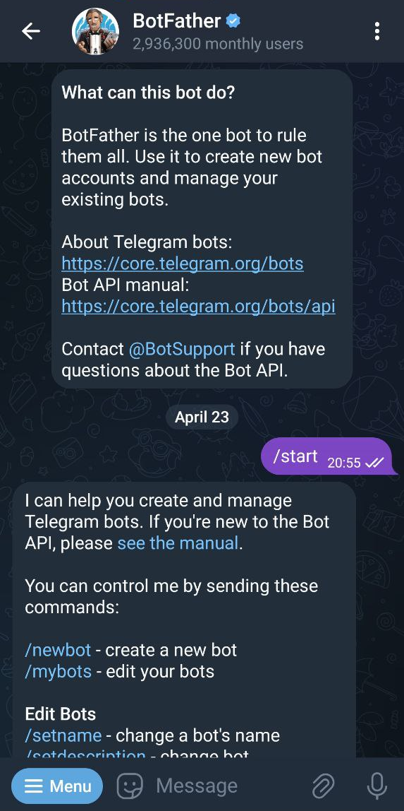Telegram bot creation using BotFather Telegram bot creation using BotFather