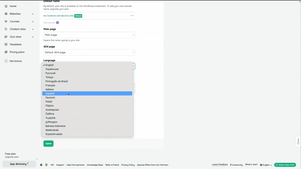  Website Actions > Copy dialog and project Language setting