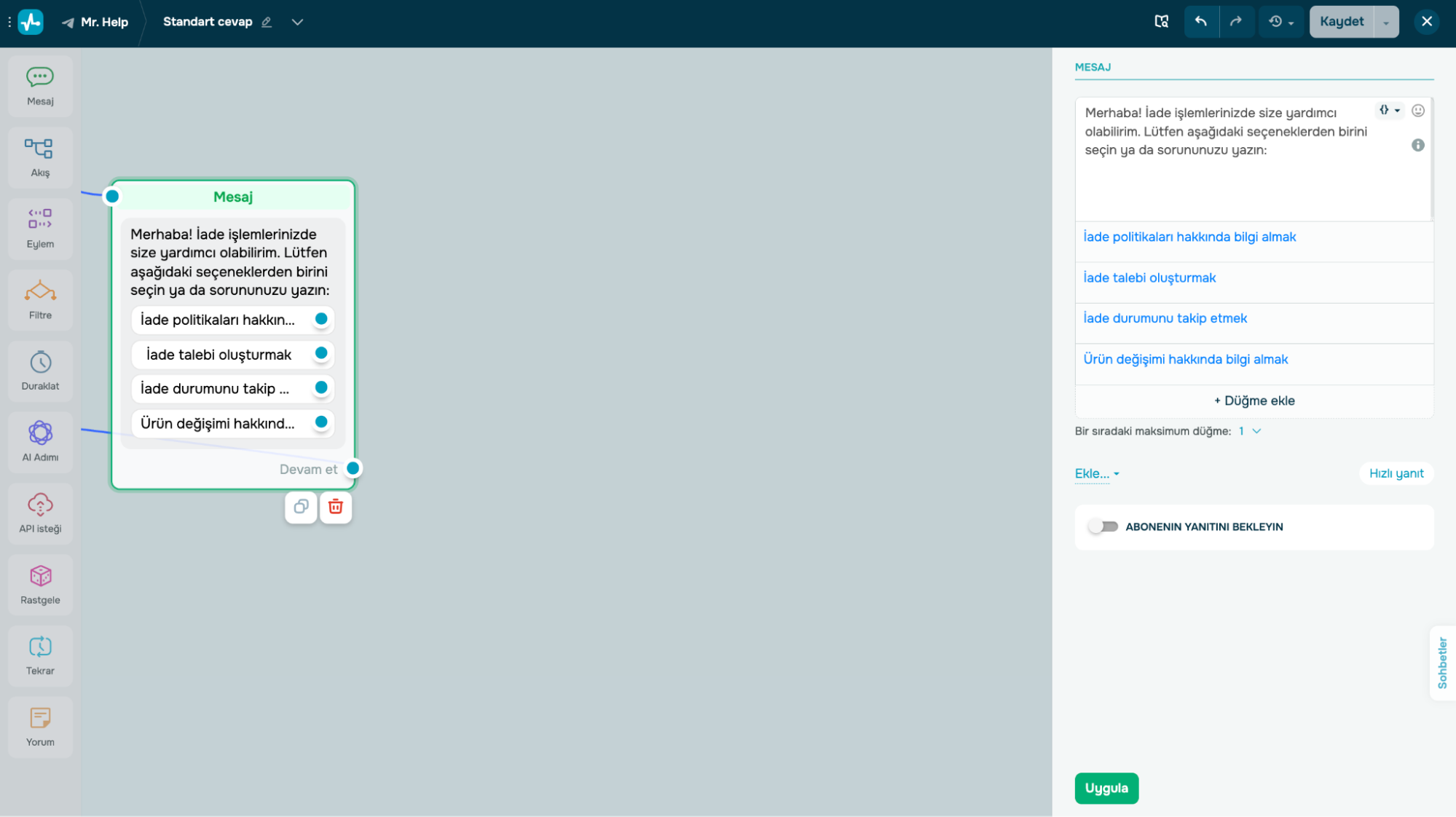 Akıllı bir e-ticaret destek chatbotunun akışı