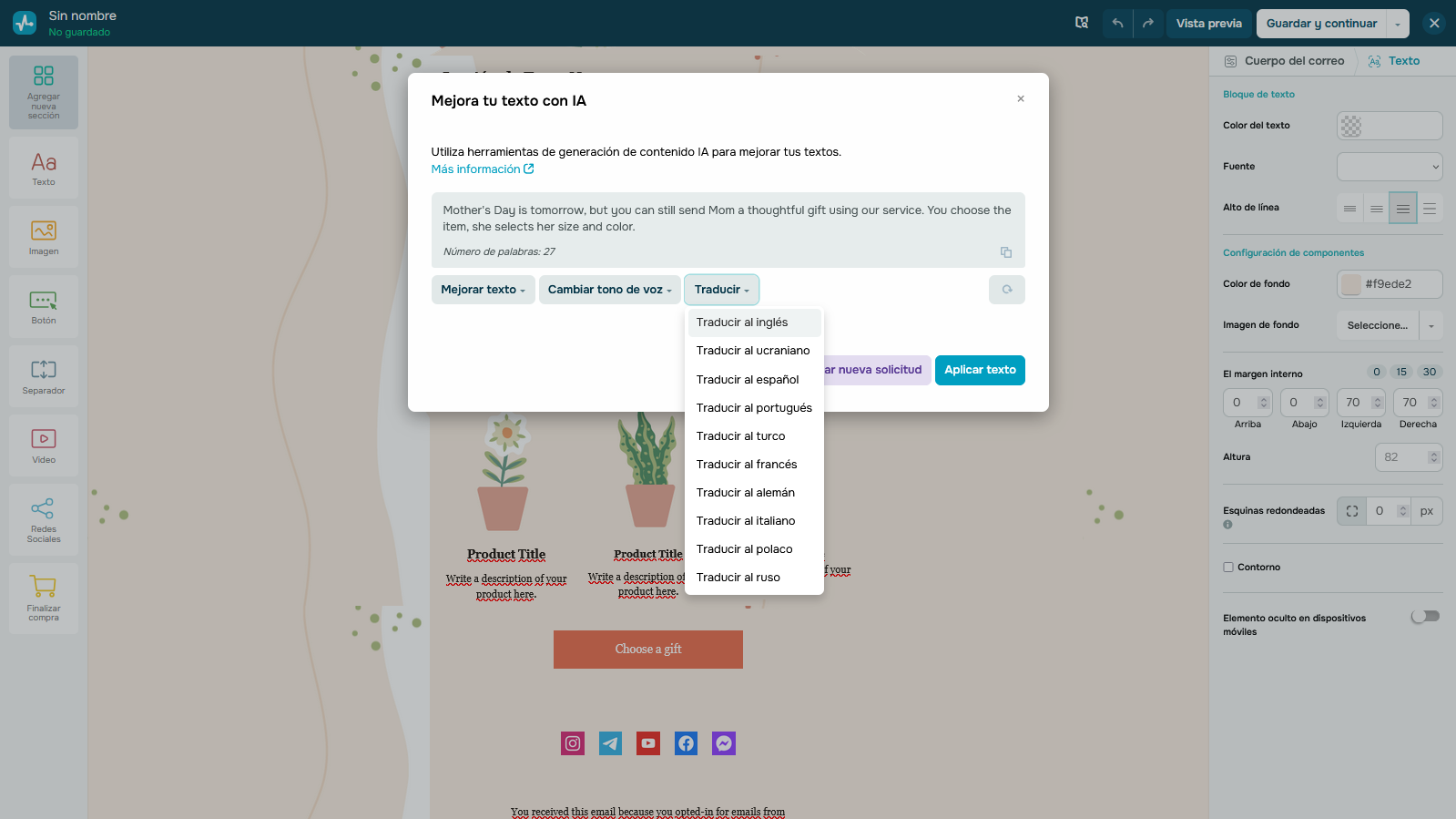 SendPulse te permite usar herramientas con IA para enriquecer los copys de mensajes y campañas