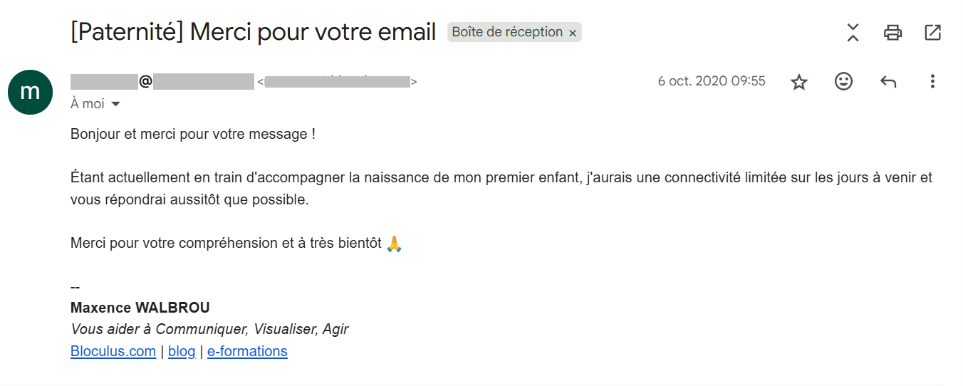 Exemple de lettre d'absence pour cause de congé de paternité.