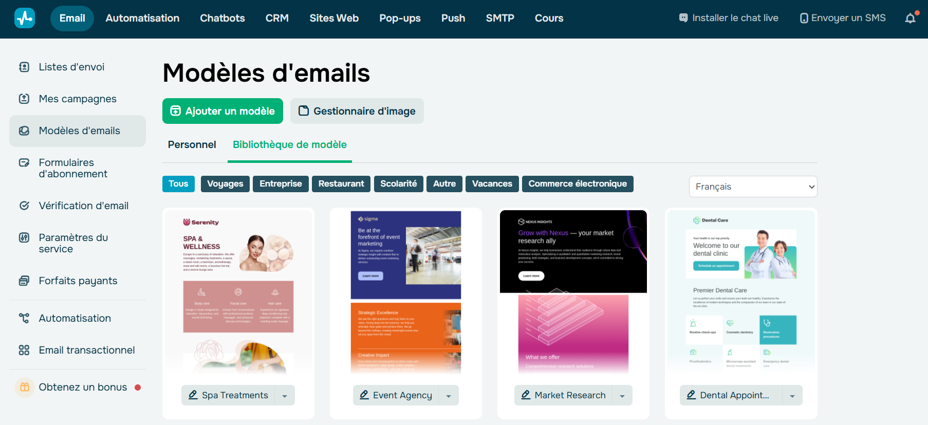 Modèles d'emails prédéfinis sur SendPulse