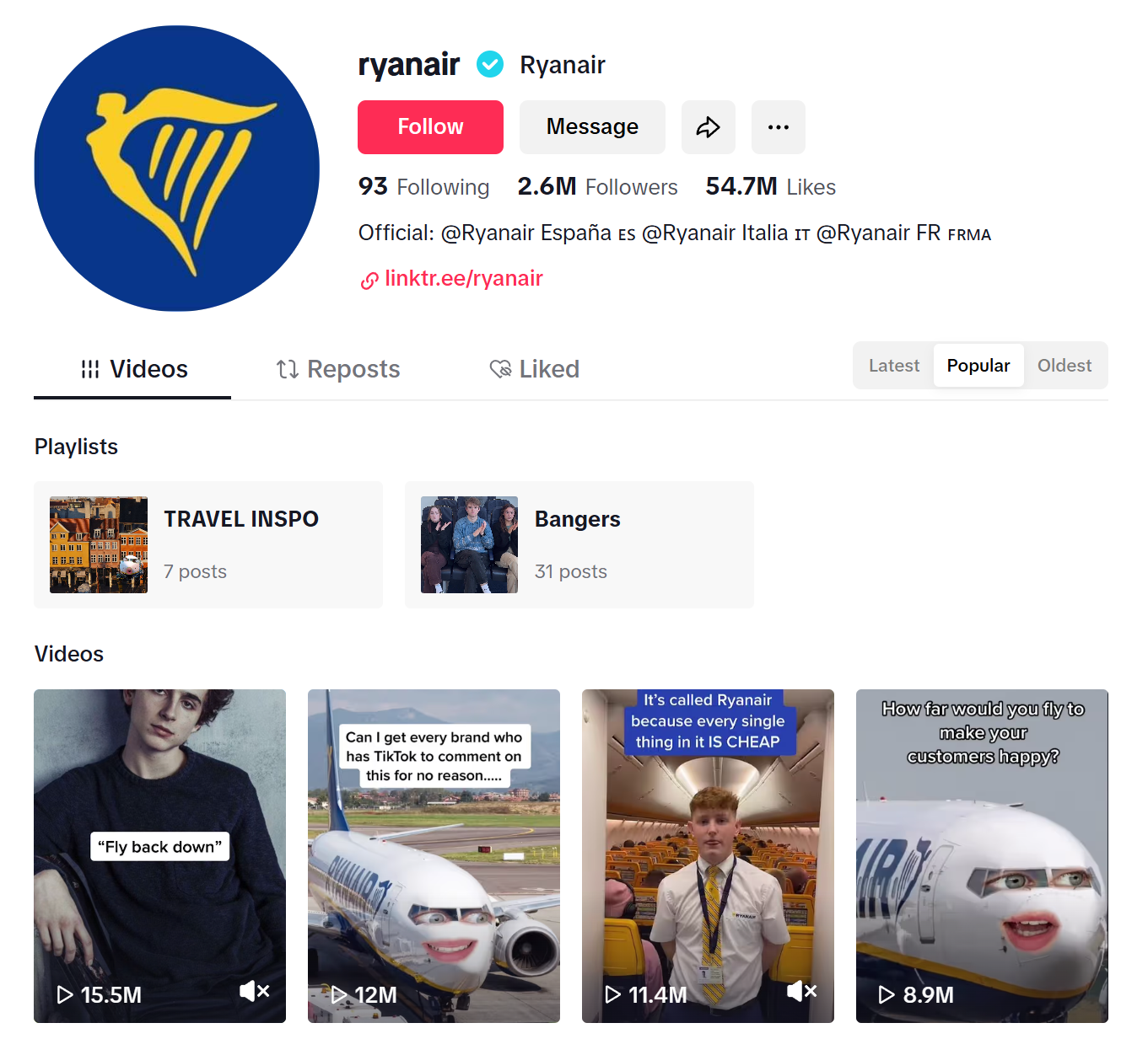millions of likes and followers on Ryanair's TikTok millions of likes and followers on Ryanair's TikTok