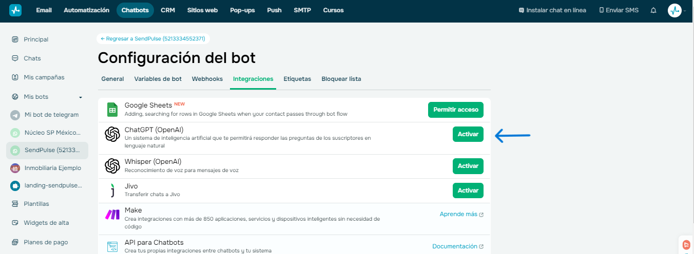 Configuración de chatbot SendPulse