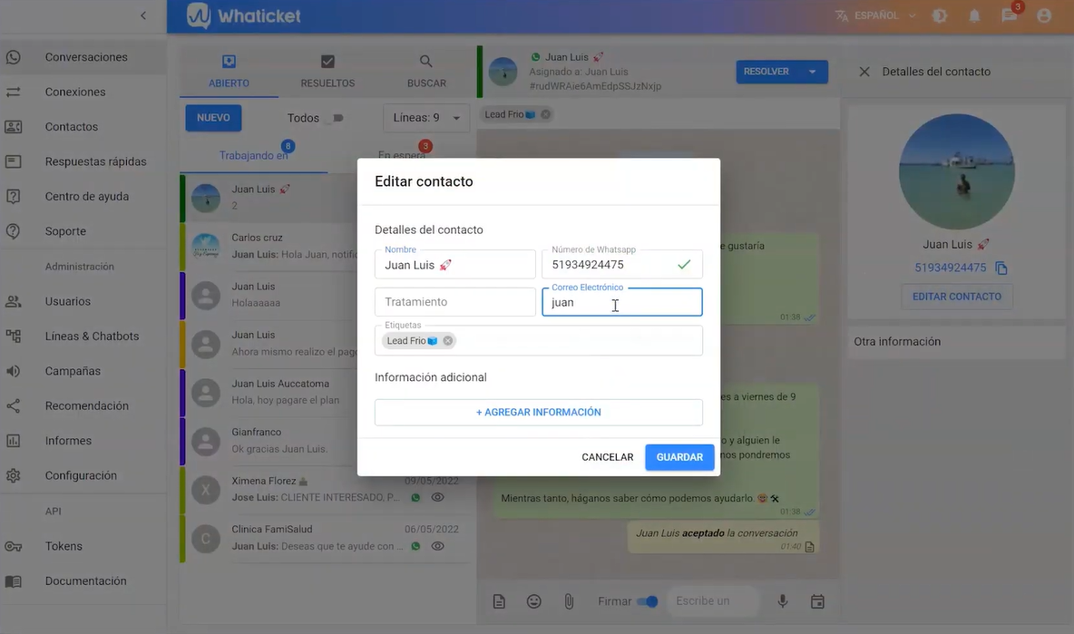 Pantalla de edición de un contacto en Whaticket uno de los mejores CRM