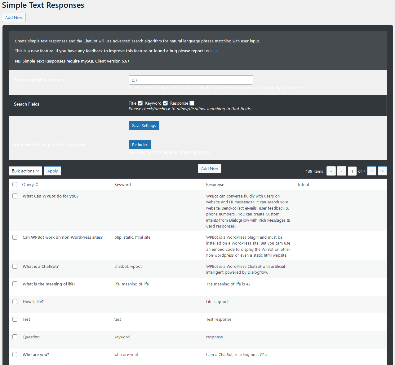 WPBot response settings