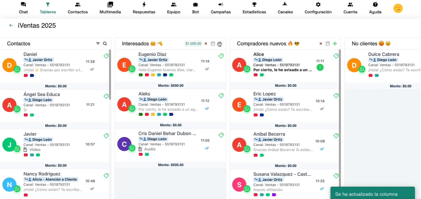 Panel de ¡Ventas con columnas de contactos